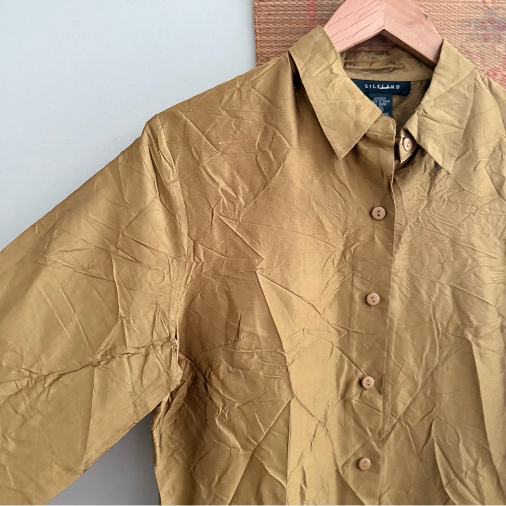 Vintage Unlined Olive Gold Silk Crinkle Button Down Shirt Dress Medium - Picture 3 of 7